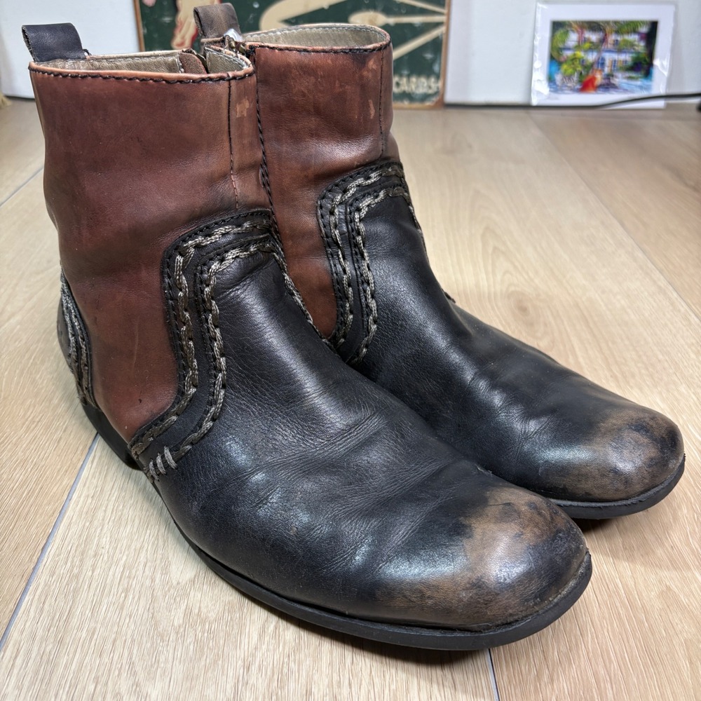 Bed Stu Mens Two Tone Distressed Leather Whipstitch Ankle Boots Brown Black